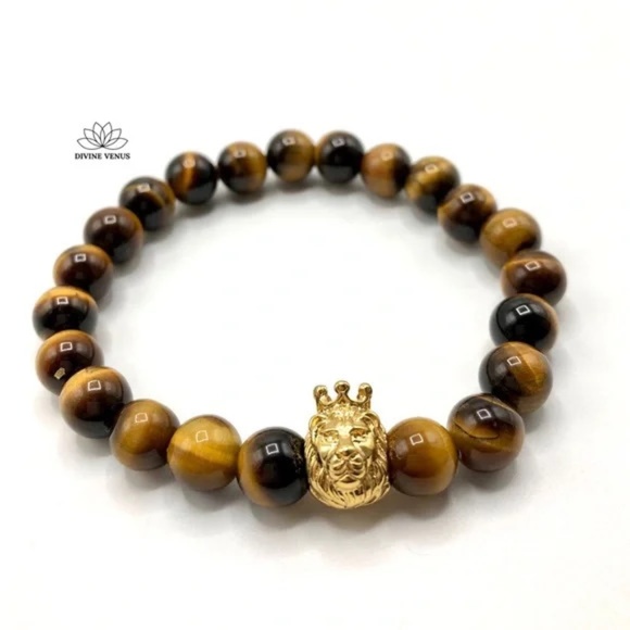 Tiger's Eye Gemstone Lion Stretch Bracelet - Picture 2 of 5